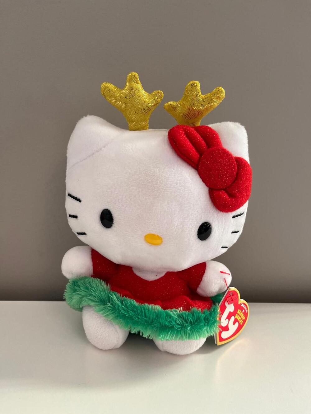 Ty Beanie Baby Vintage “Hello Kitty” in Holiday Dress with Gold Antlers (6 inch)